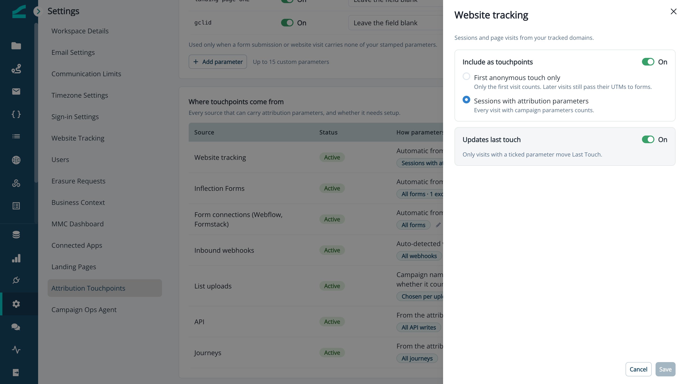 Website tracking panel with the First anonymous touch only and Sessions with attribution parameters options
