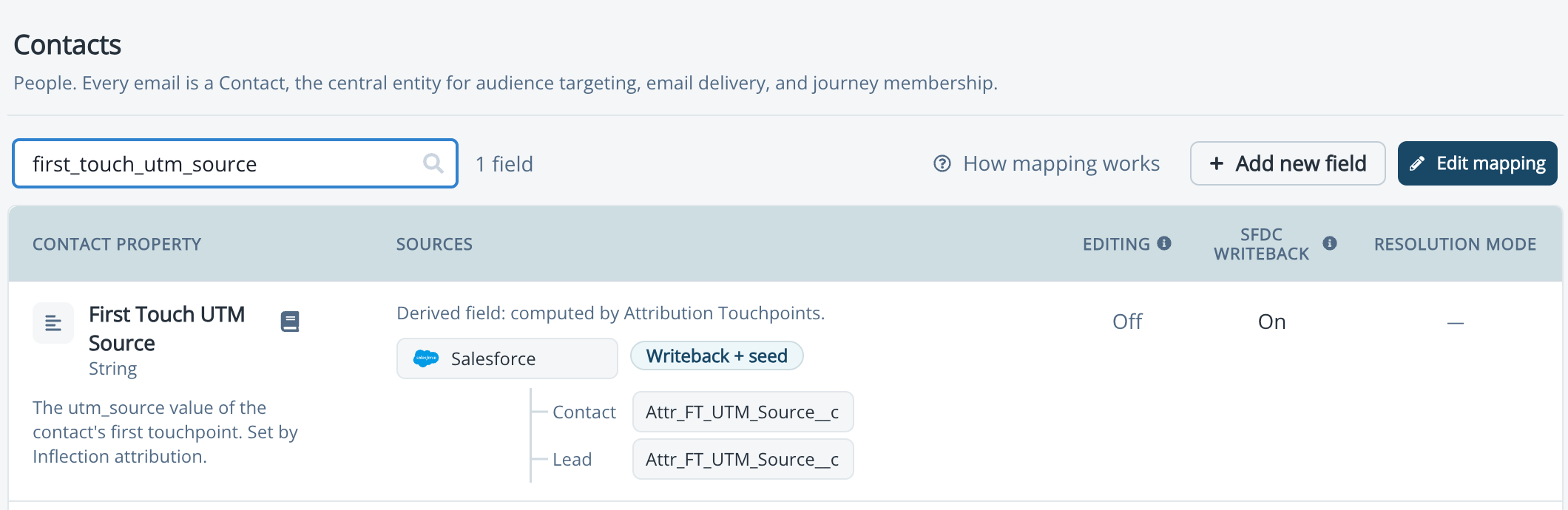 Unified Mapping row for first_touch_utm_source with a Salesforce Writeback + seed destination