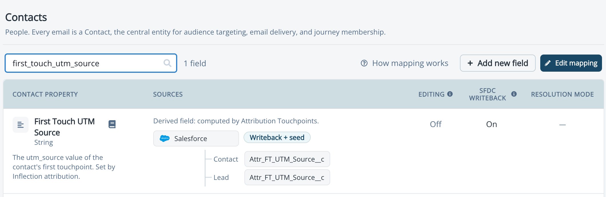 Unified Mapping row for first_touch_utm_source with a Salesforce Writeback + seed destination