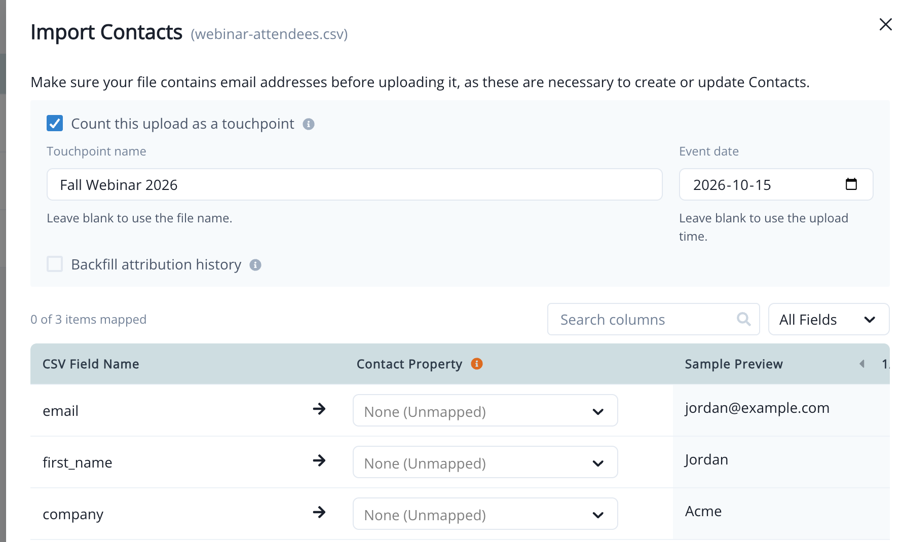 Import Contacts mapping step with Count this upload as a touchpoint selected, a touchpoint name, and an event date