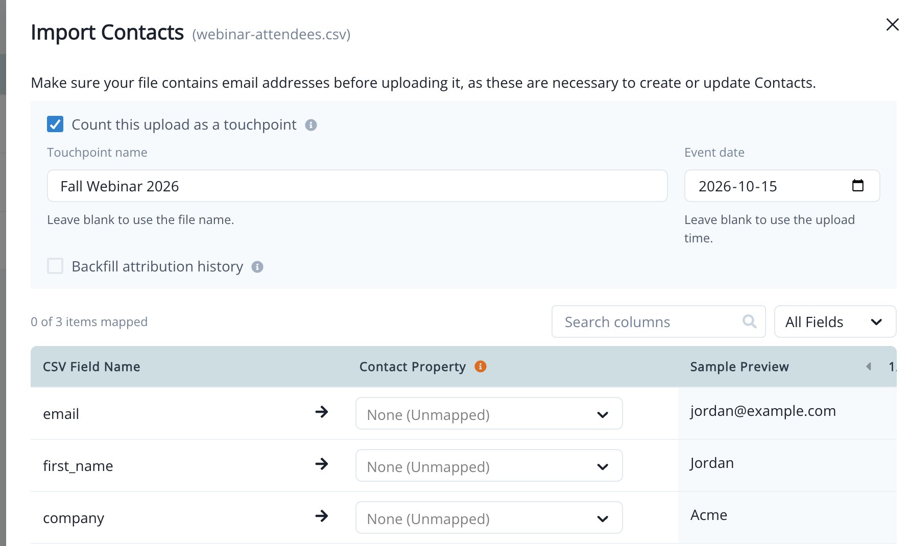 Import Contacts mapping step with Count this upload as a touchpoint selected, a touchpoint name, and an event date