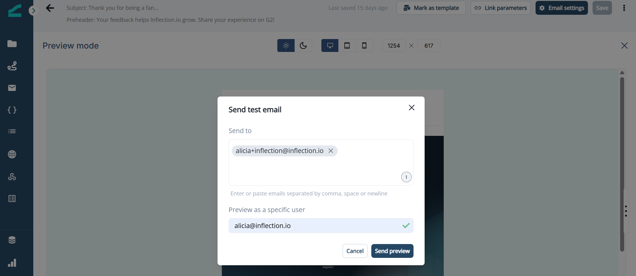 Send test email dialog with Send to and Preview as a specific user fields