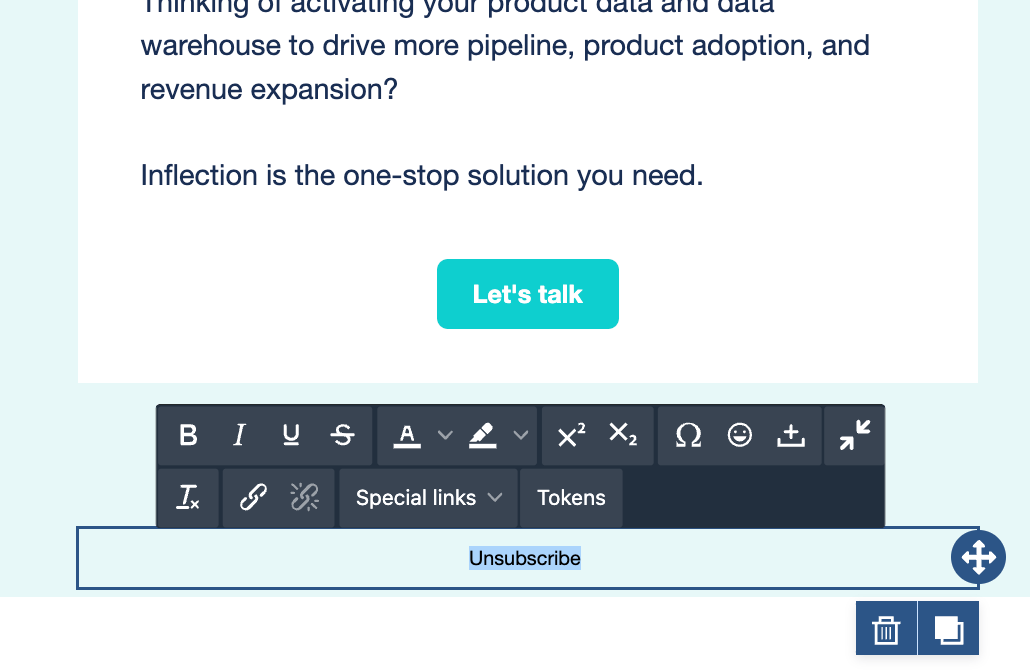 Selecting the text to turn into an unsubscribe link
