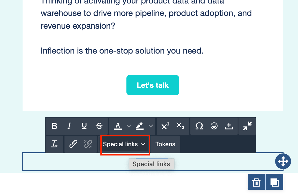Special links option on the text toolbar