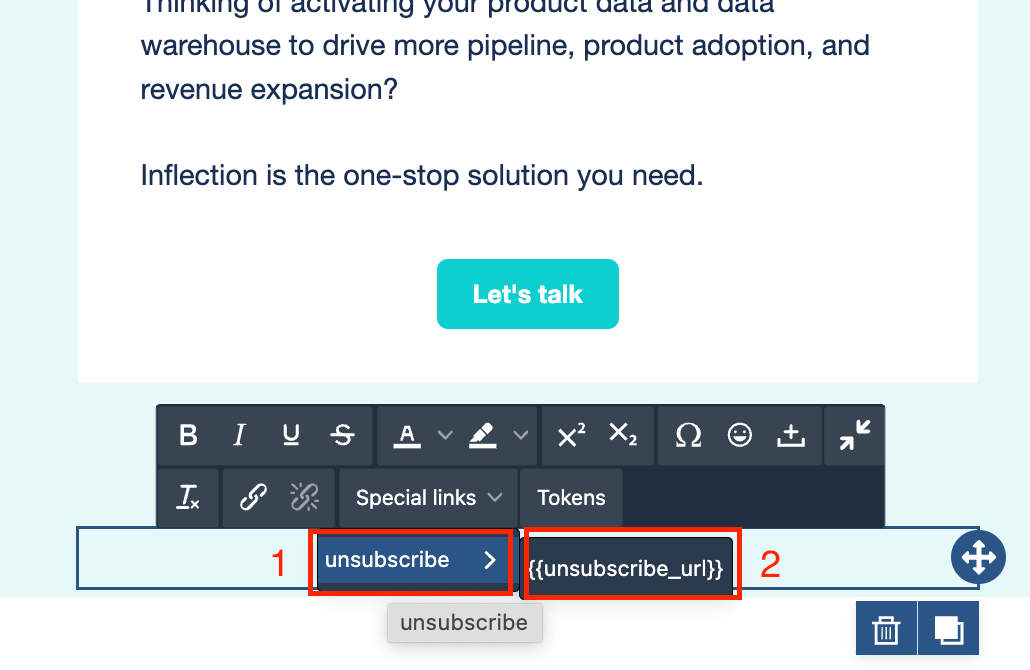 Unsubscribe token selection in the Special links menu