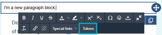 Tokens option in the text content block menu
