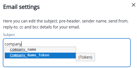 Token suggestions appearing while typing in the subject line