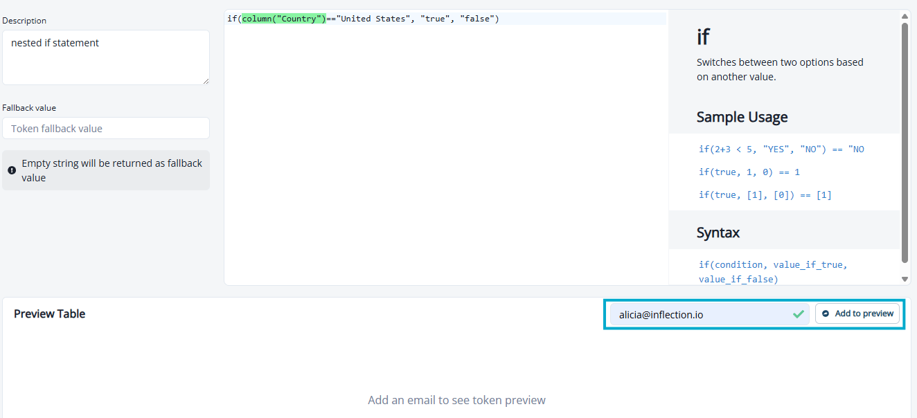 Token editor preview table with the Add to preview button