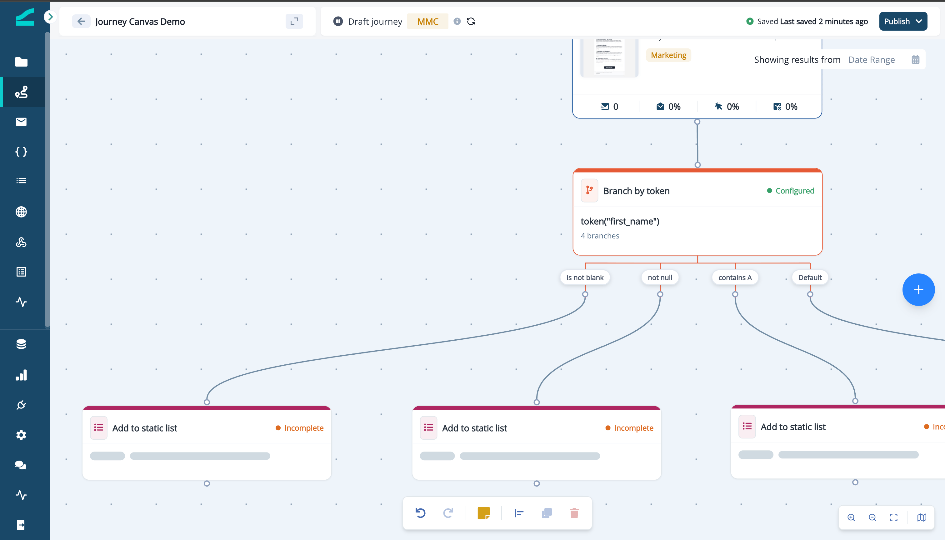 Cloned journey using add to static list flow steps to preview token pathing