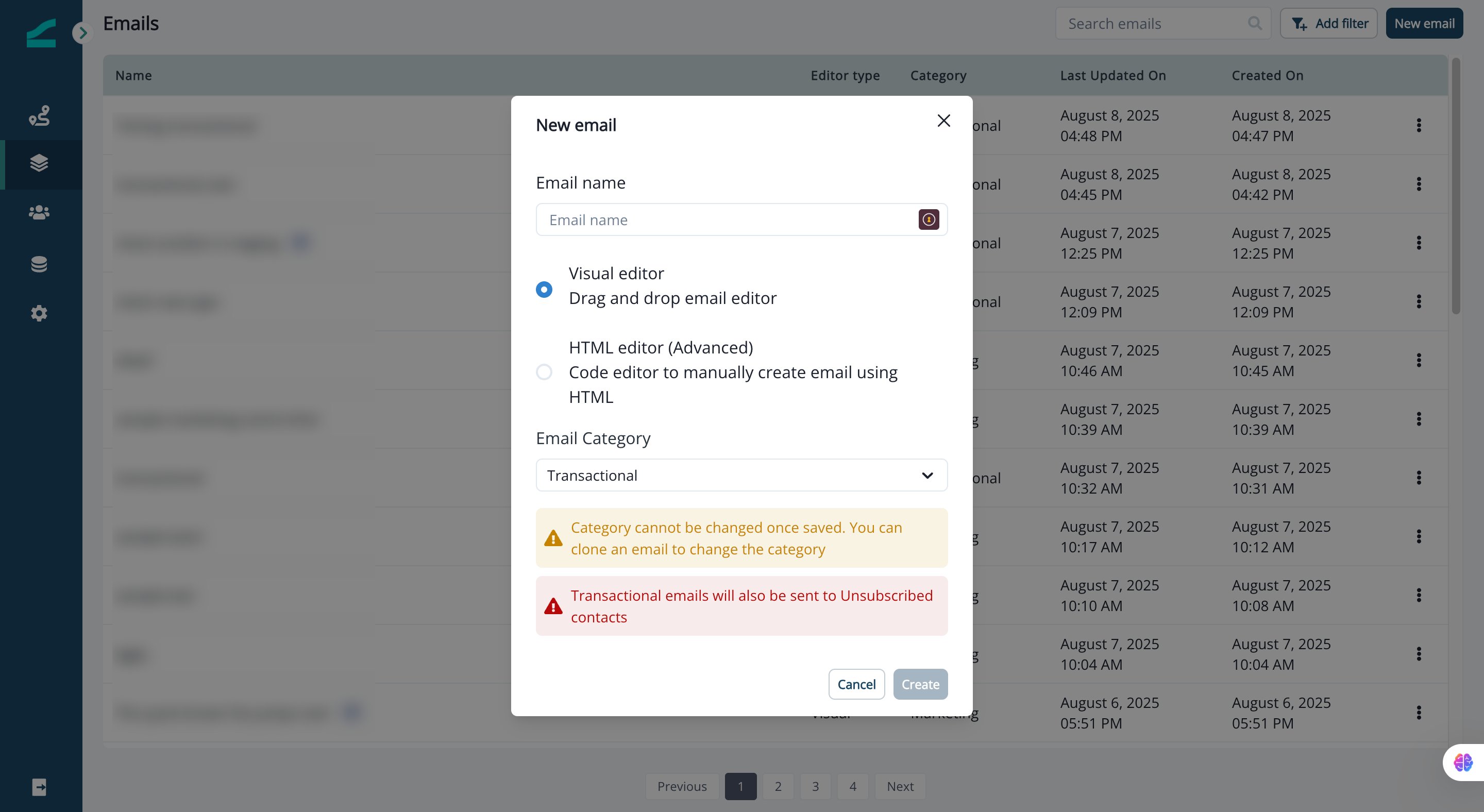 Email Category dropdown with Transactional selected when creating a new email