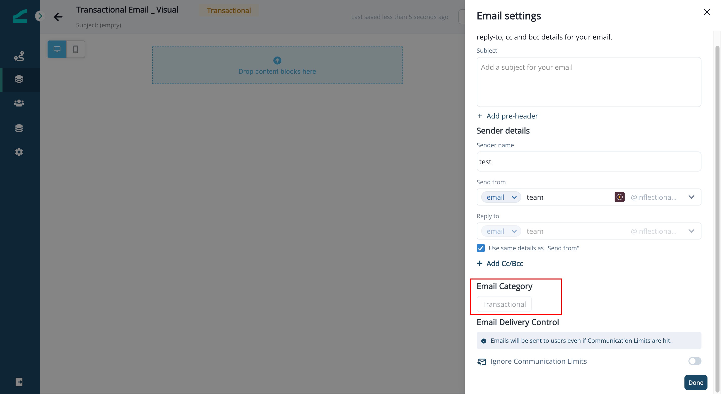 Visual Editor showing the email category is locked after creation