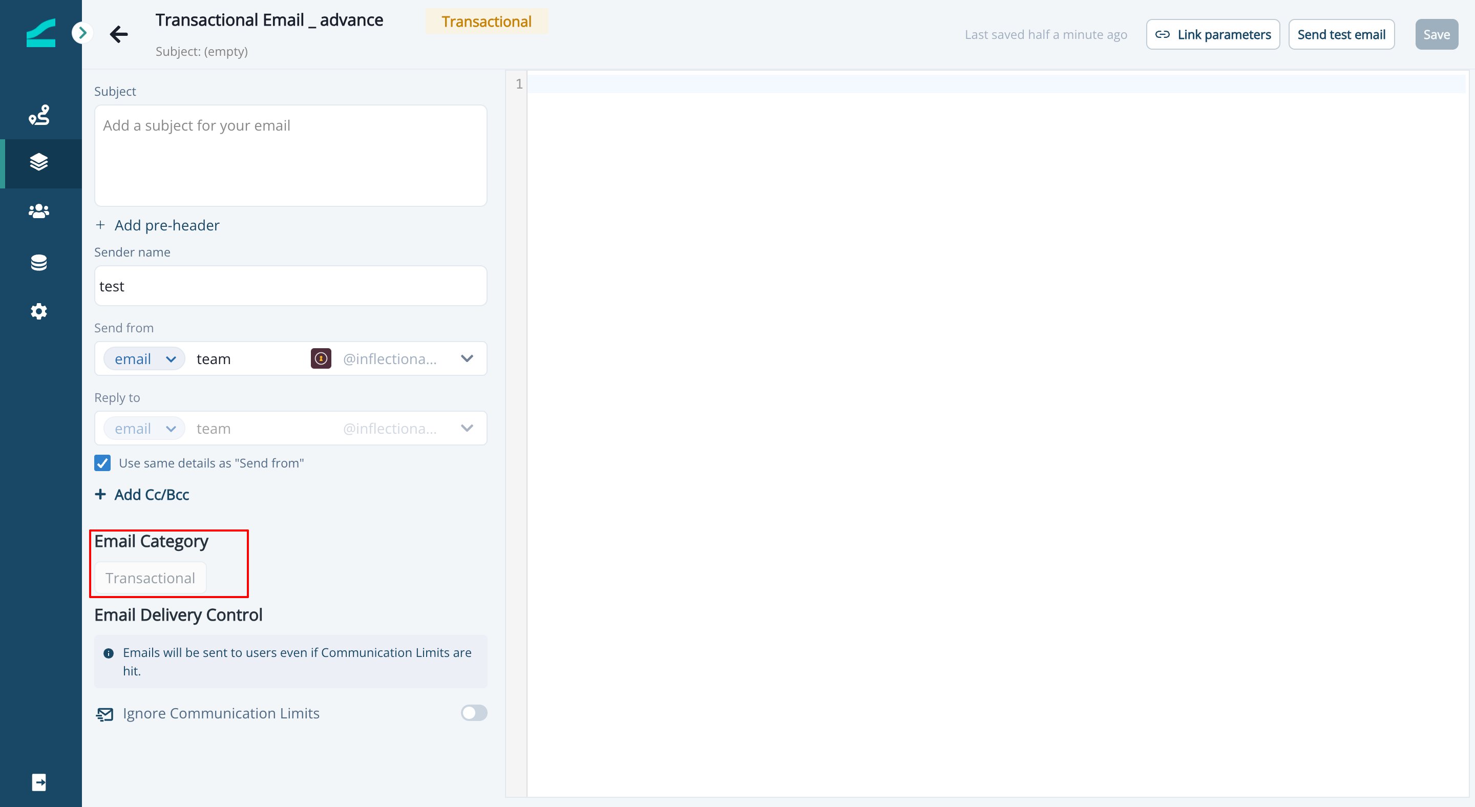 Advanced Editor showing the email category is locked after creation