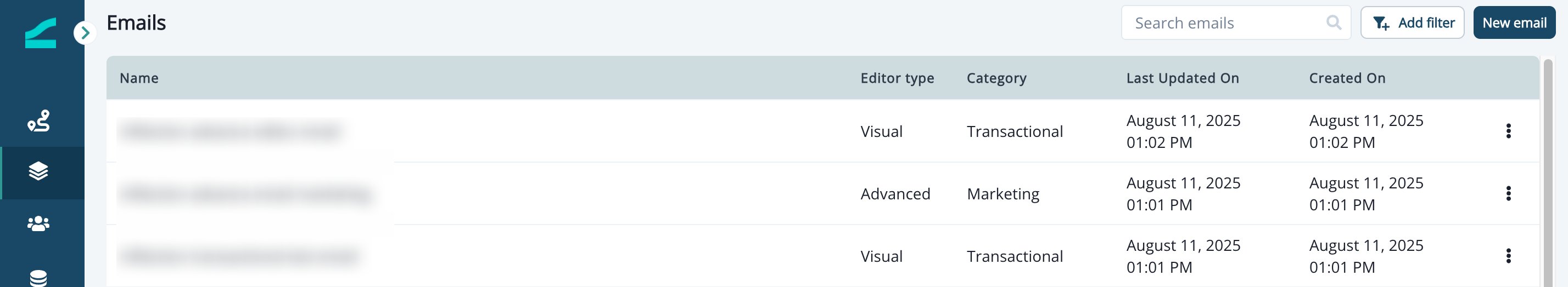 Email List view with a category column showing Marketing or Transactional