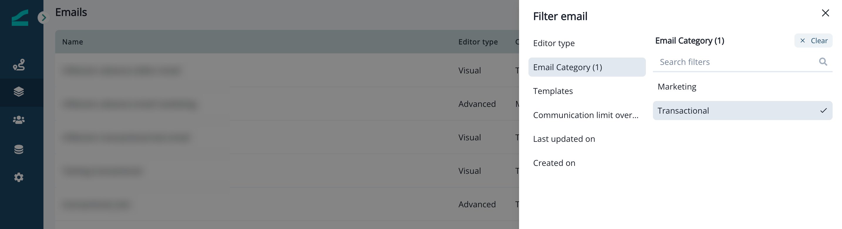Email List category filter for Marketing and Transactional emails