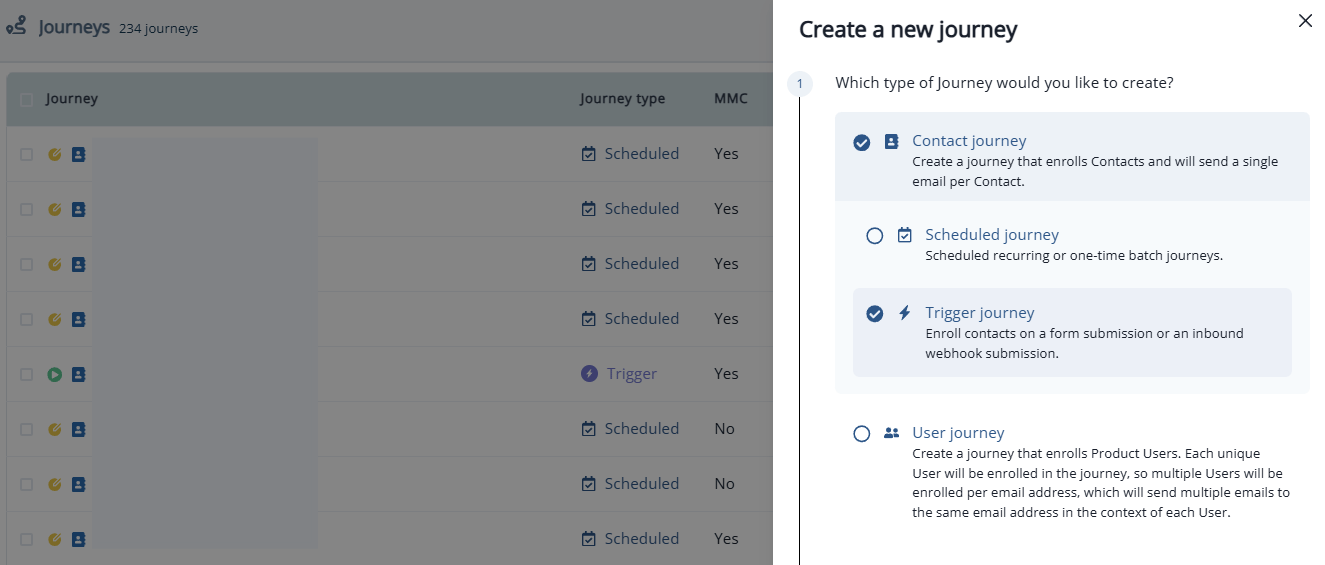 Creating a new Contact Journey with the Trigger journey type selected