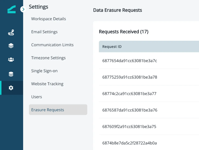Erasure Requests option in the Settings menu