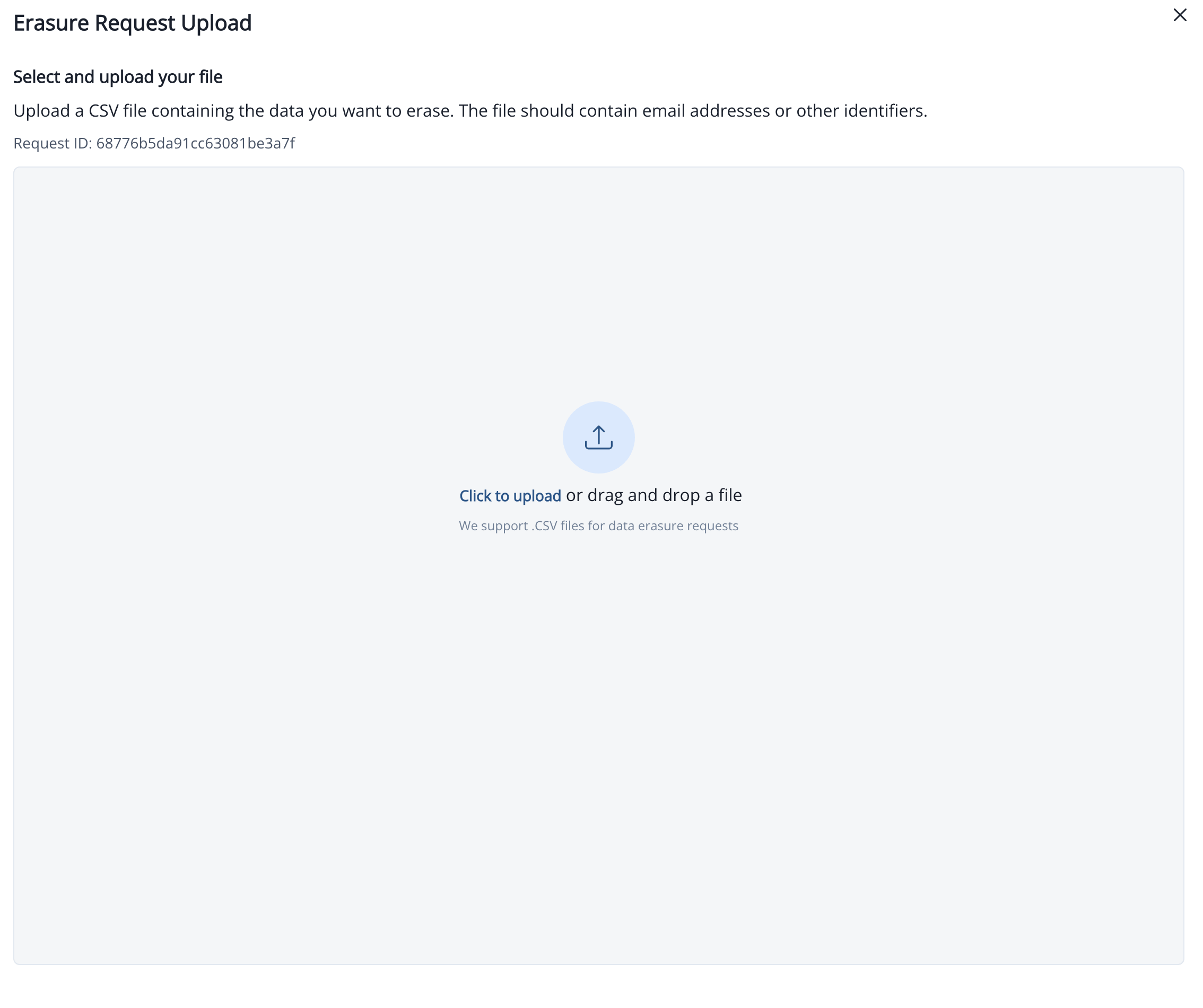 CSV upload dialog for a new erasure request