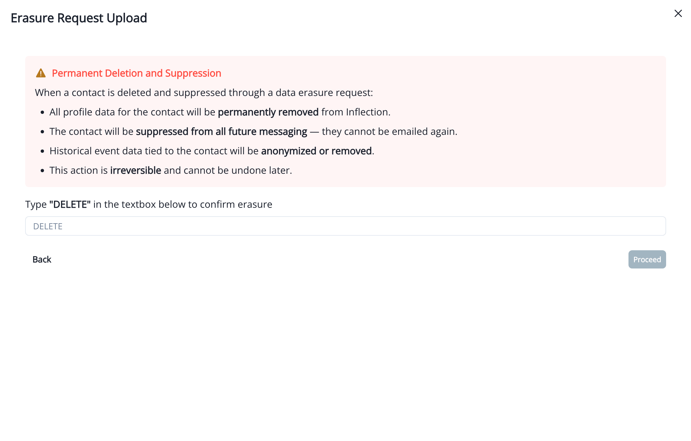 Erasure confirmation dialog requiring DELETE to be typed