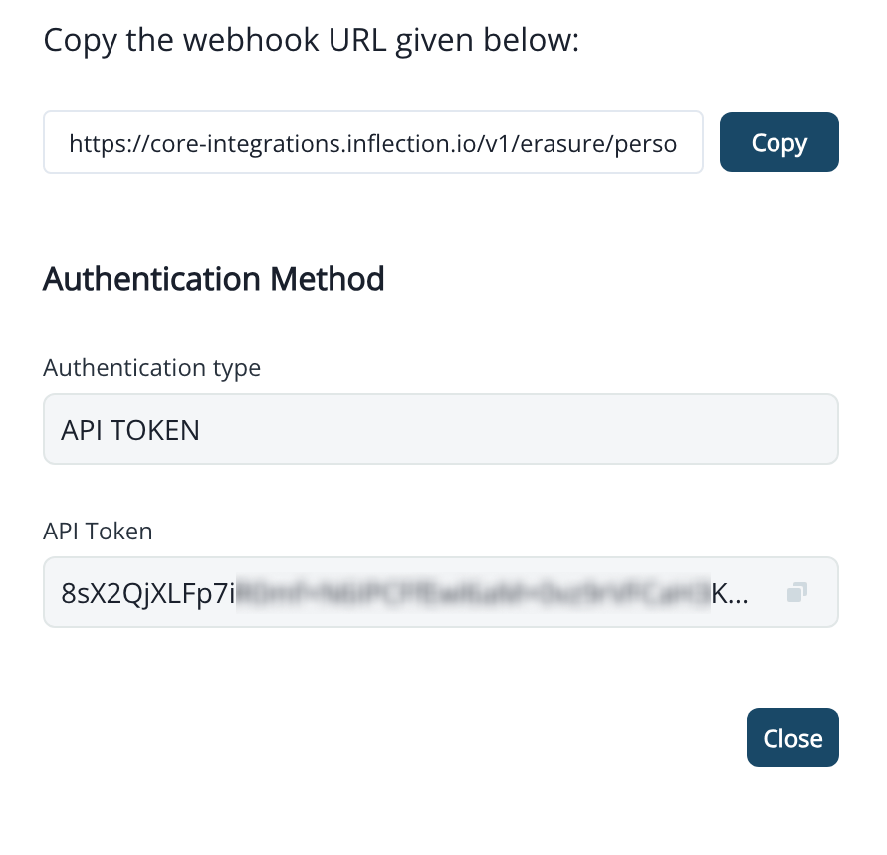 DSR connection details showing the endpoint URL and Bearer Token