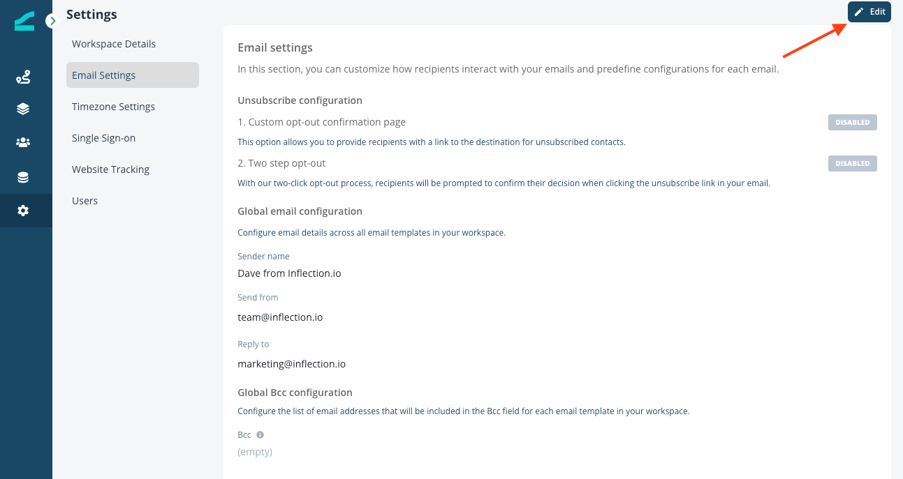 Email Settings page in Settings with the Edit button highlighted