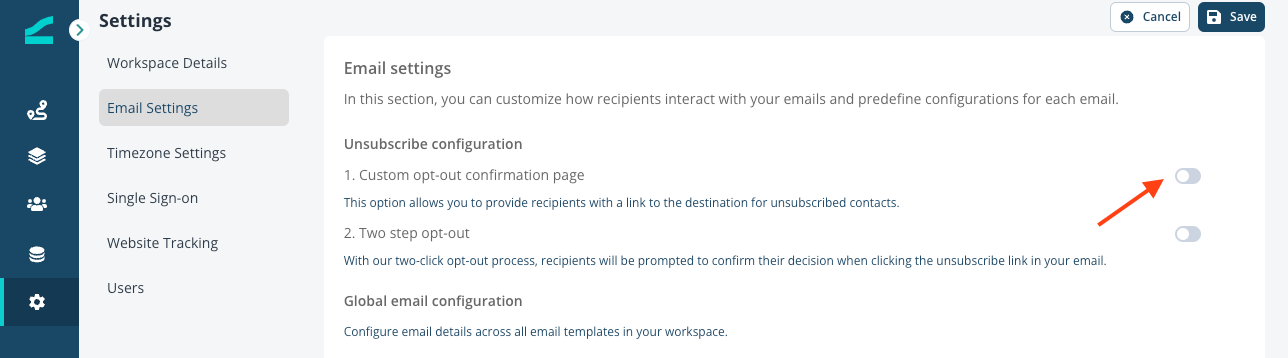 Opt-out confirmation page toggle in Email Settings