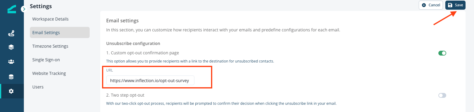 Field for the custom opt-out confirmation page URL with the Save button