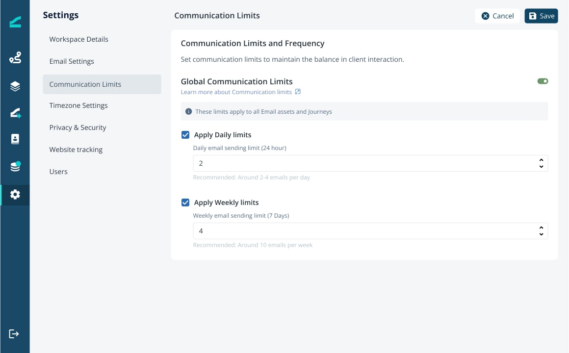 Global Communication Limits toggle in the Communication Limits settings