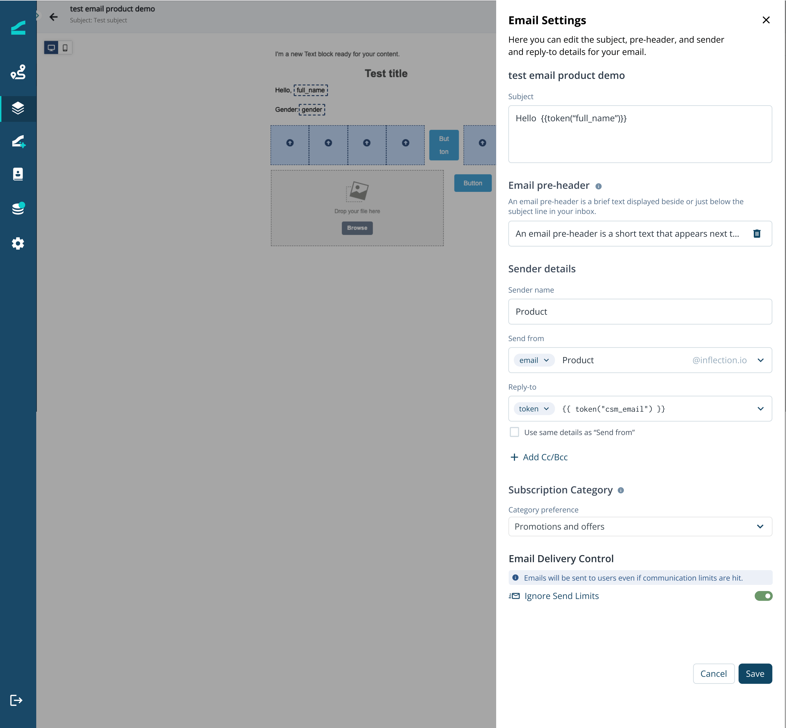 Email Settings button at the top right of the visual editor