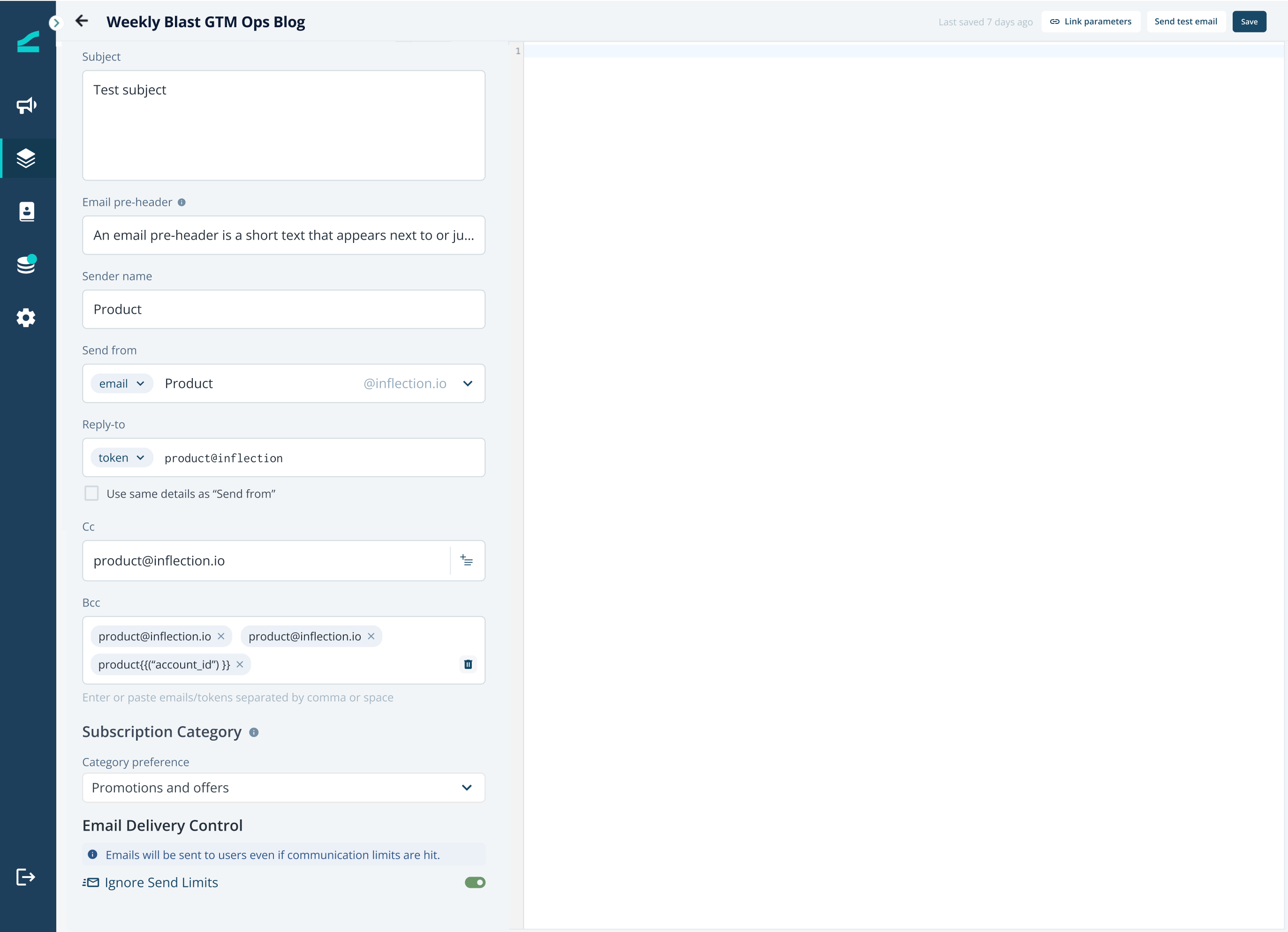 Email Delivery Control section in the left panel of the advanced editor