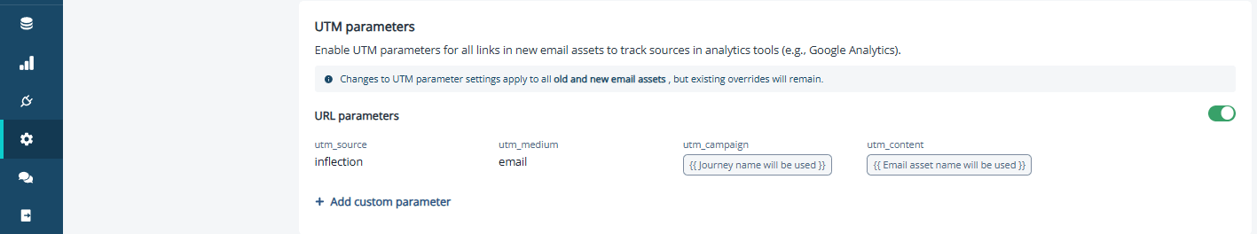 URL Parameters toggle in the Email link parameters section of Email Settings