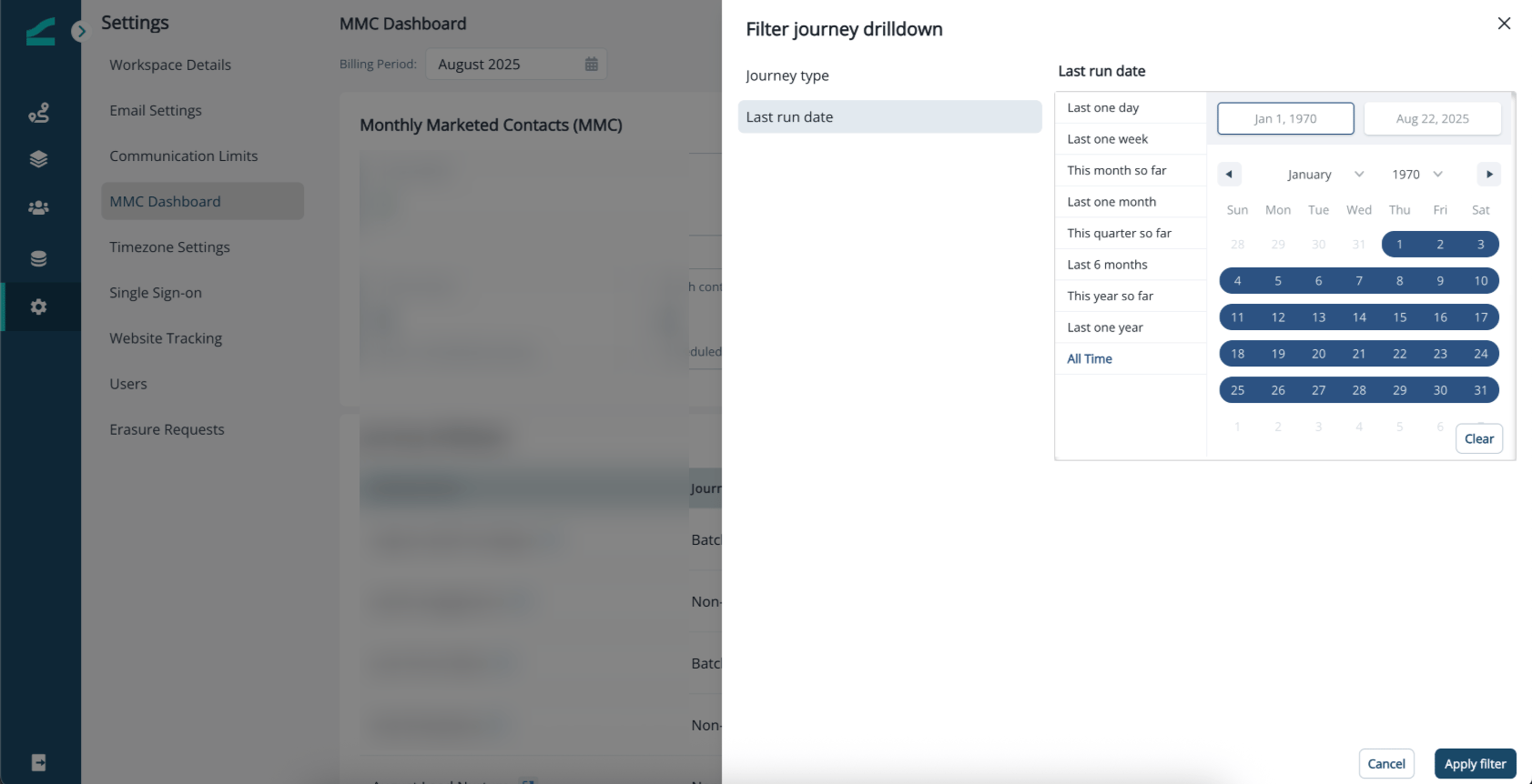 Last Run Date filter with quick options and custom date range calendar picker