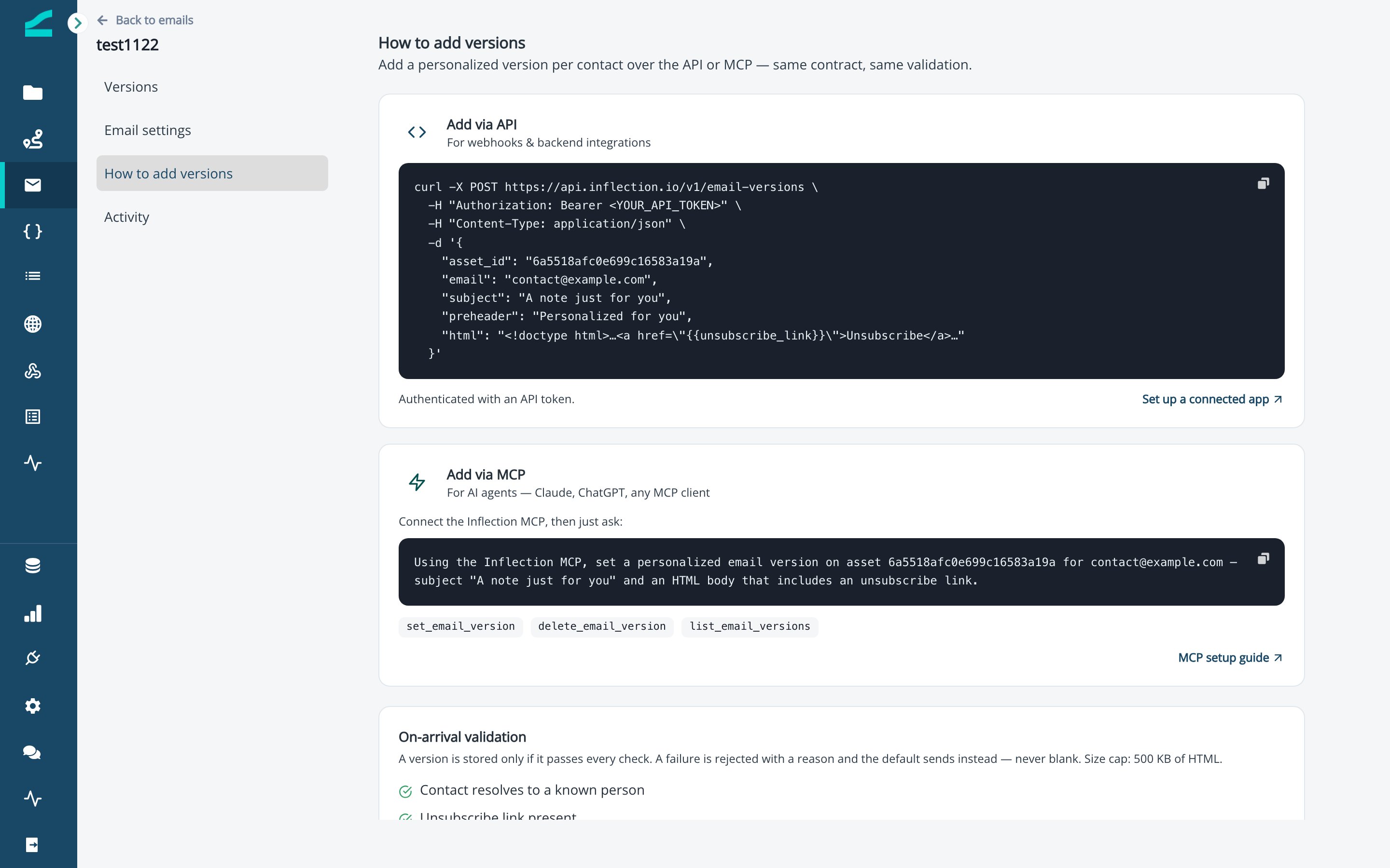 How to add versions tab showing the API endpoint and the MCP prompt for pushing versions