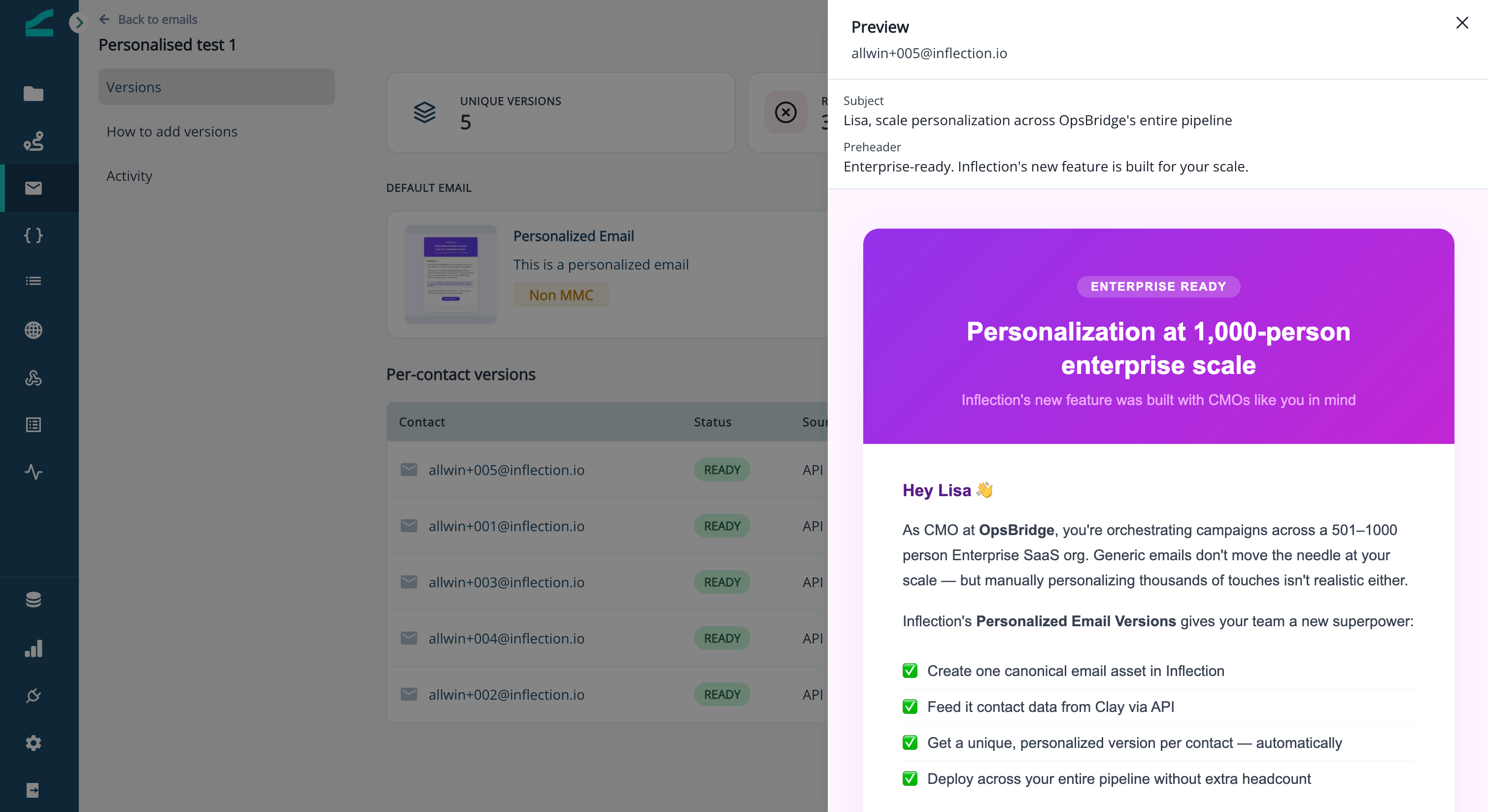 Live preview of a contact's personalized version opened from the versions table