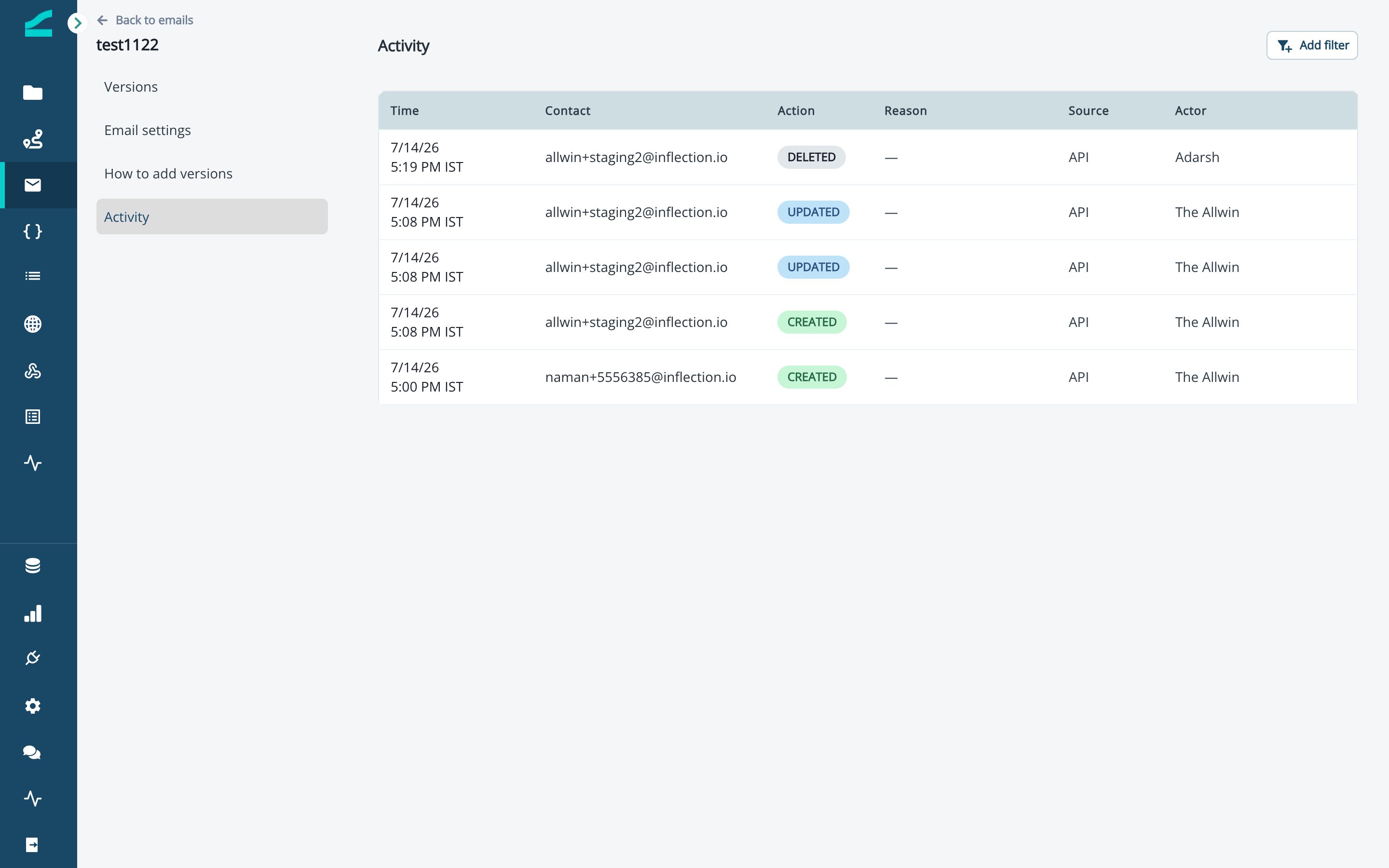 Activity tab listing version events with time, contact, action, source, and actor