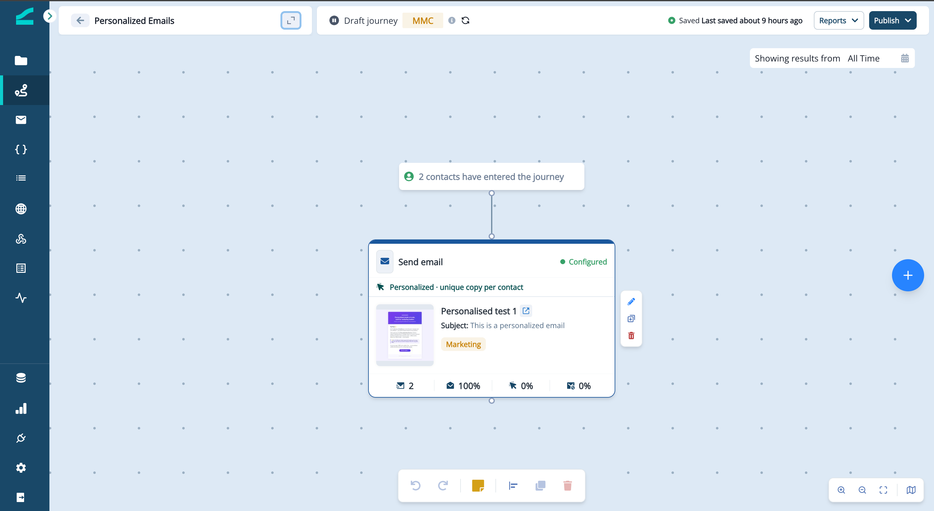 Journey canvas with a Send email step configured with a personalized email