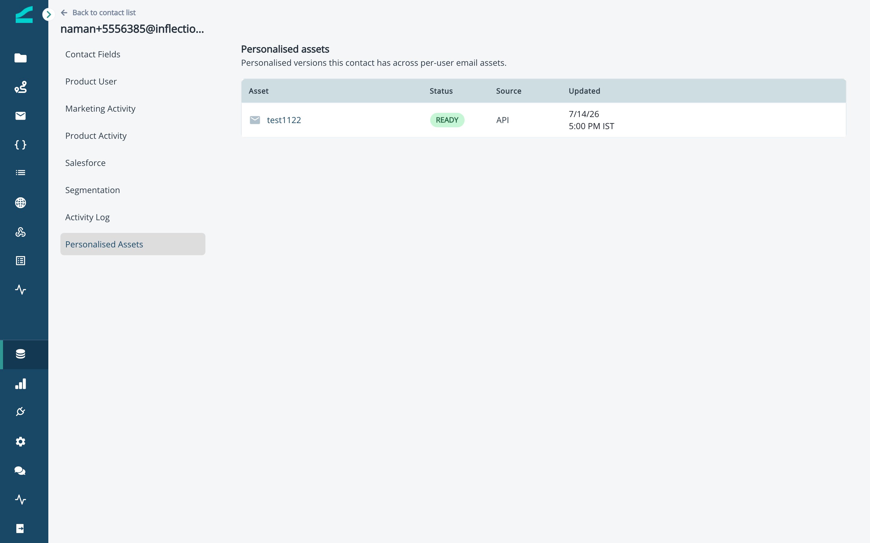 Contact detail page with the Personalised assets tab listing the contact's versions
