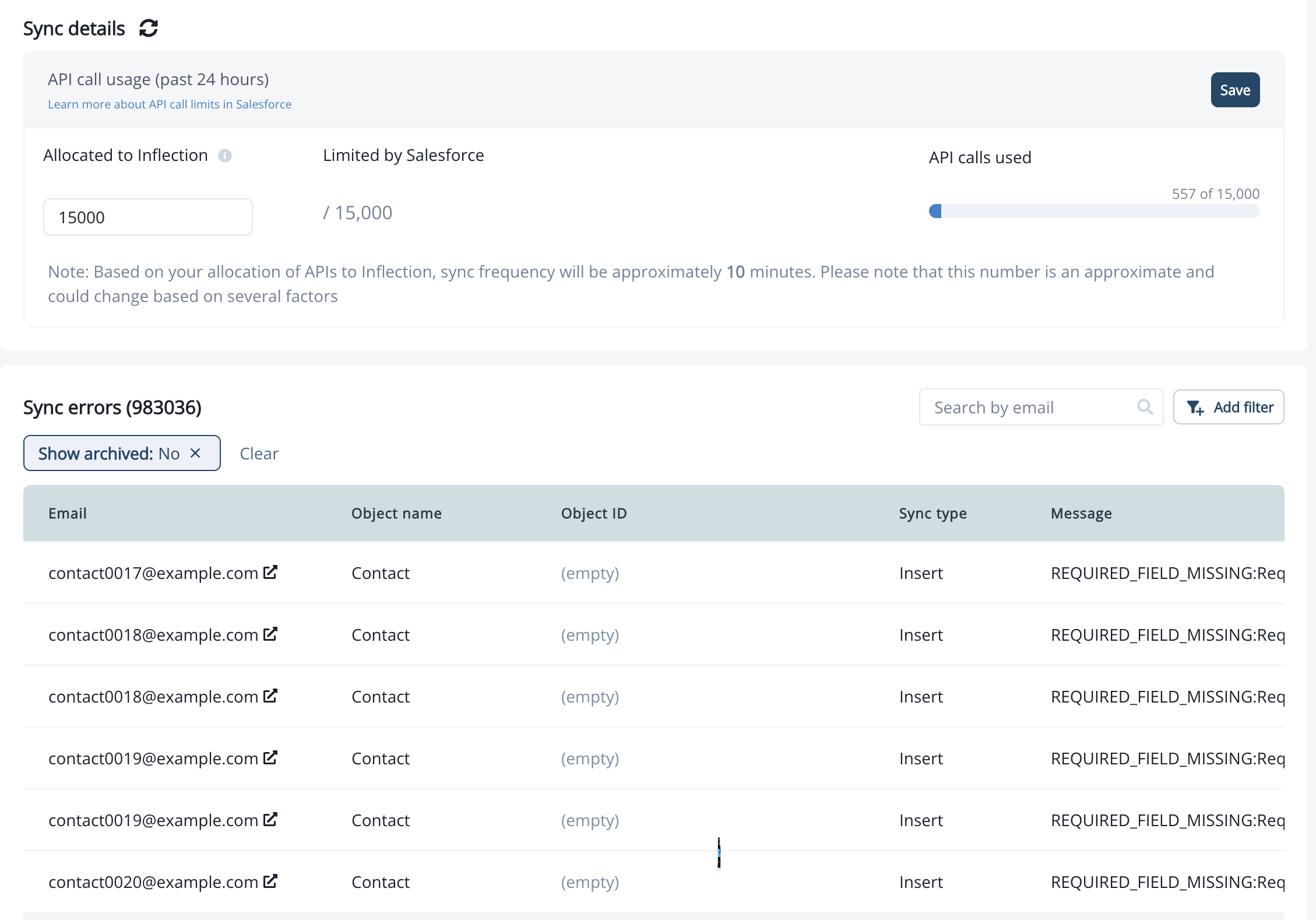 Sync Health tab showing the API call usage summary and the Sync errors table