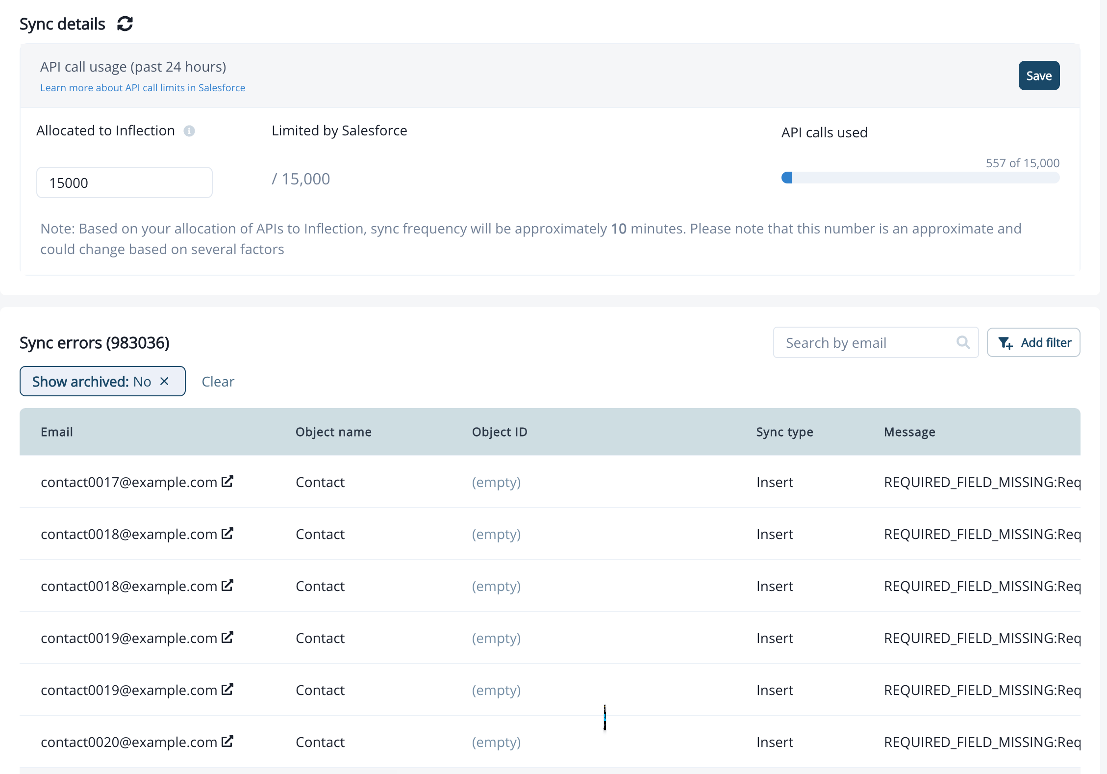 Sync Health tab showing the API call usage summary and the Sync errors table