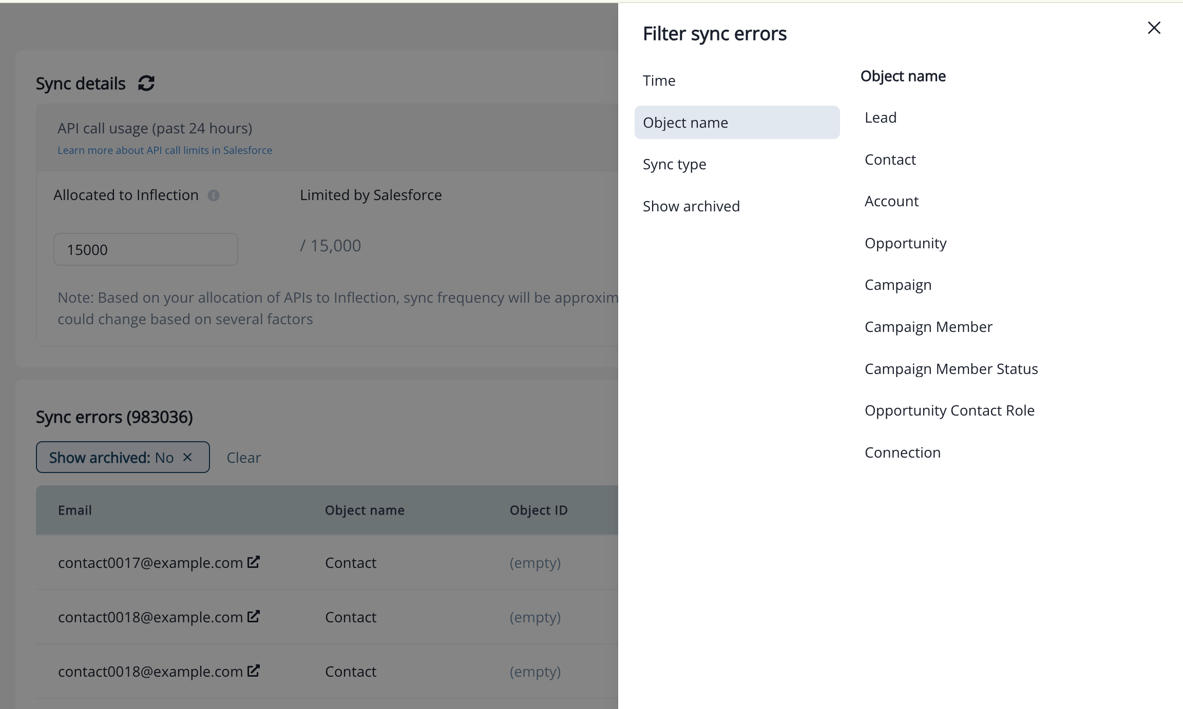 Filter sync errors panel with the Object name filter options expanded