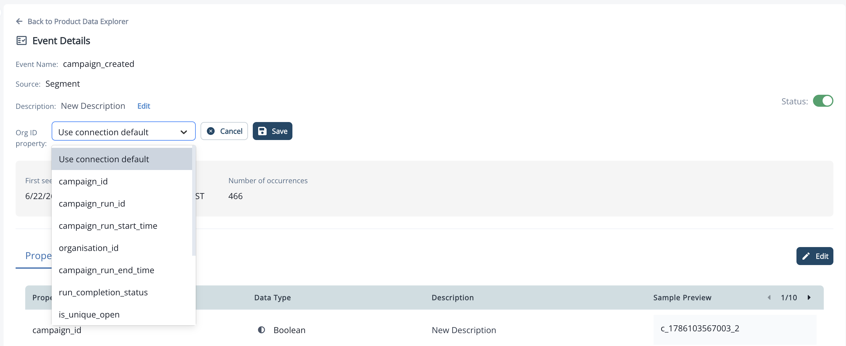Event Details page with the Org ID property dropdown listing Use connection default and event properties
