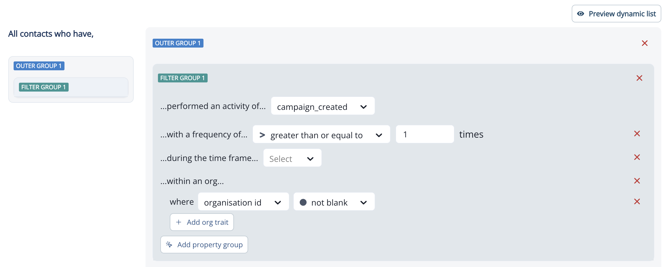 Performed a product event filter with the within an org condition and an org trait filter applied