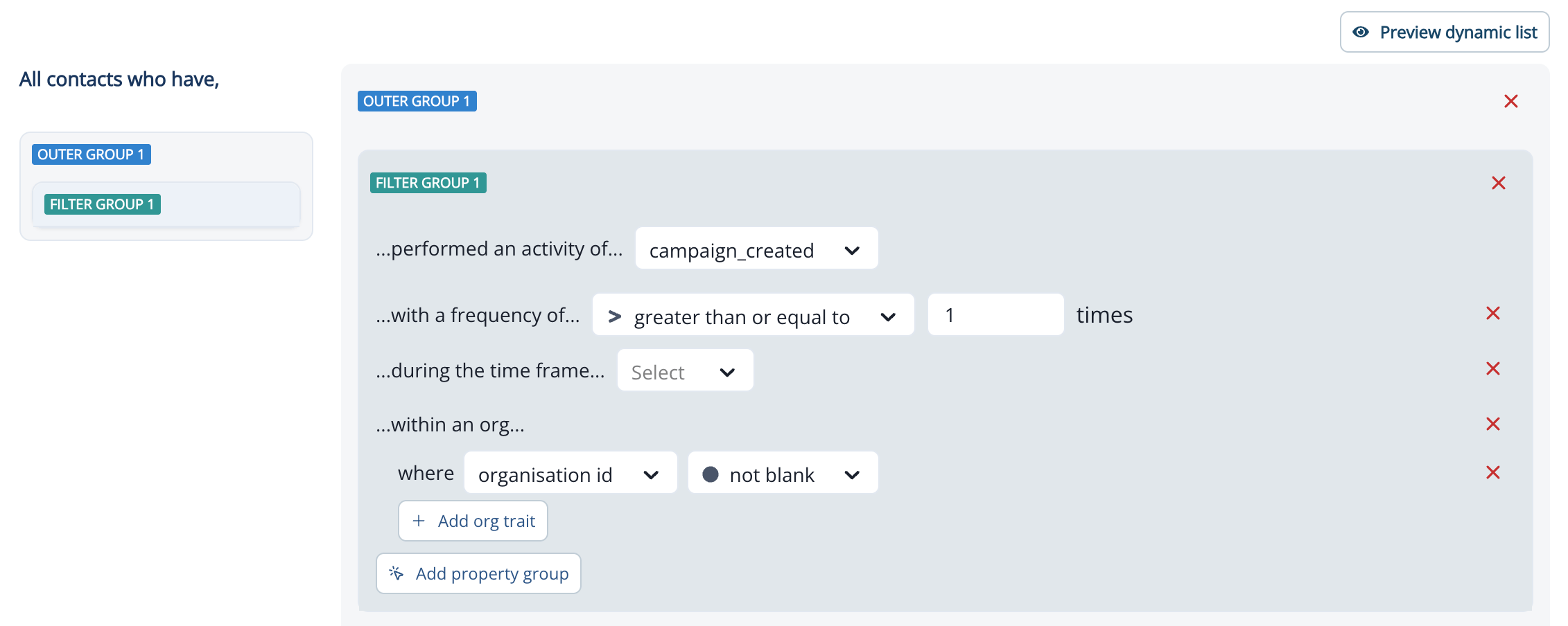Performed a product event filter with the within an org condition and an org trait filter applied