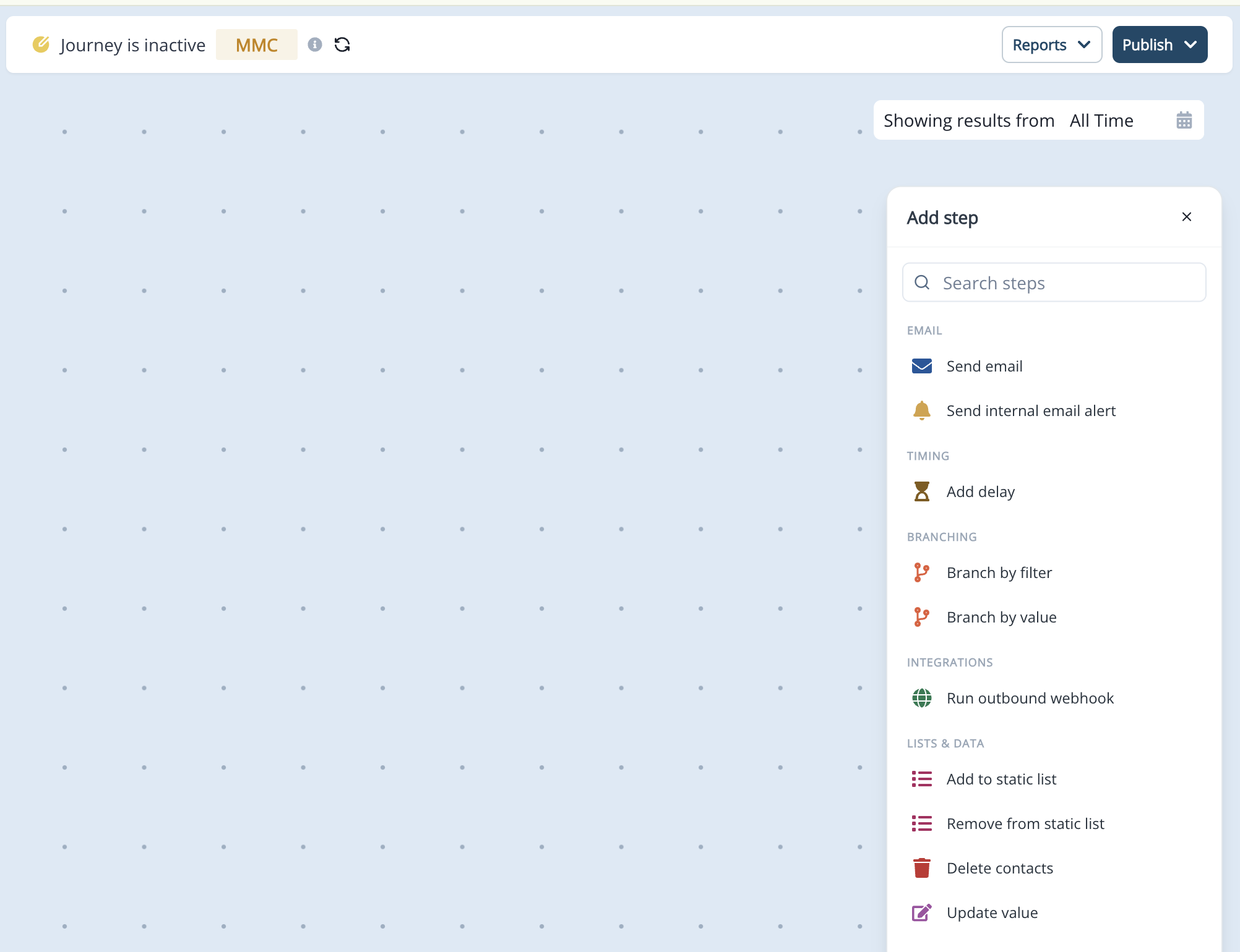 Add step menu on the Trigger Journey canvas showing the available flow steps, including the Branching group