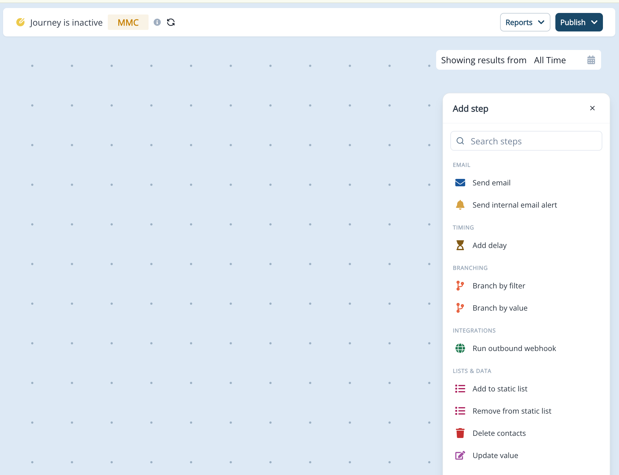 Add step menu on the Trigger Journey canvas showing the available flow steps, including the Branching group
