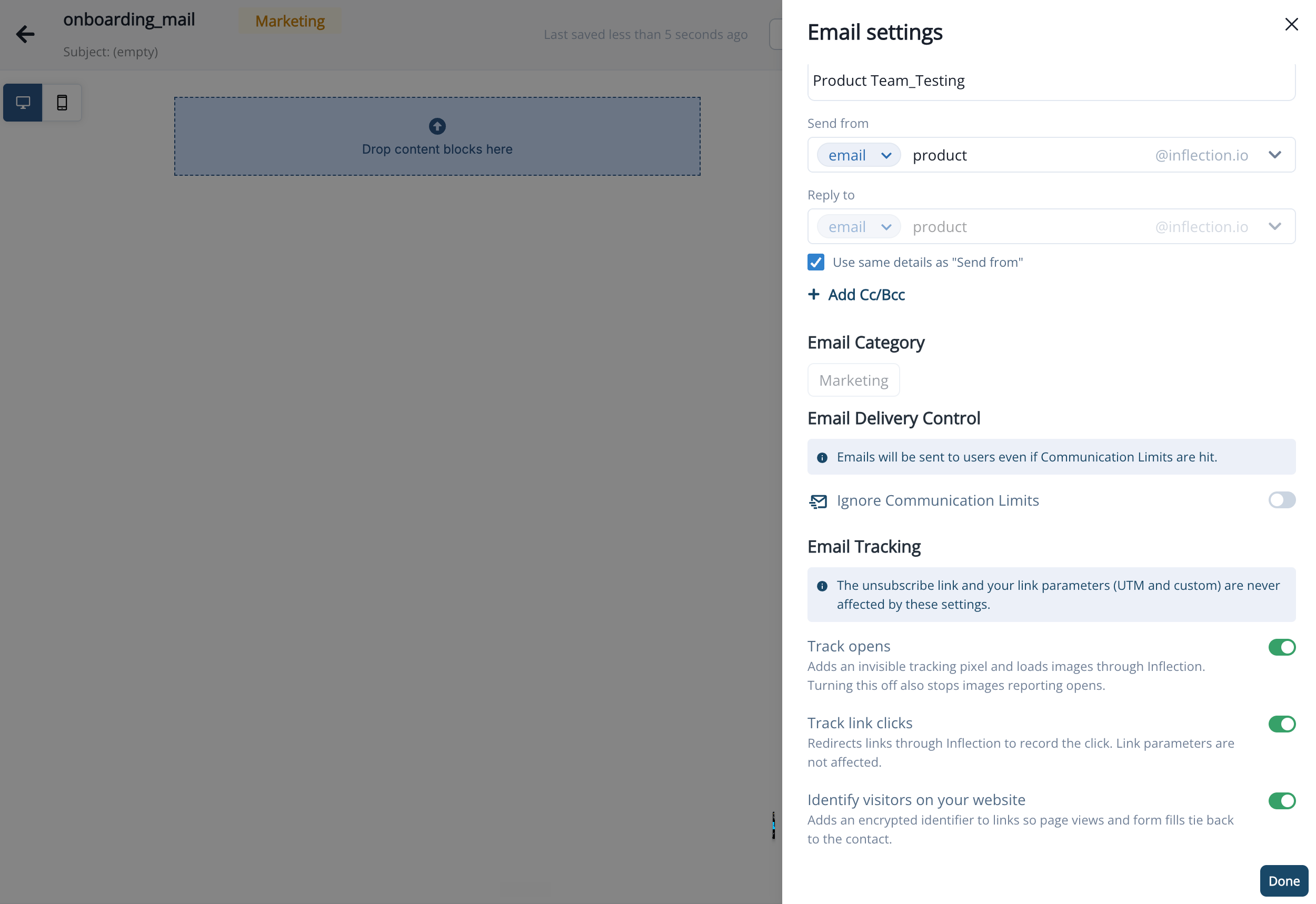 Email Tracking section of the email settings drawer with the Track opens, Track link clicks, and Identify visitors on your website switches
