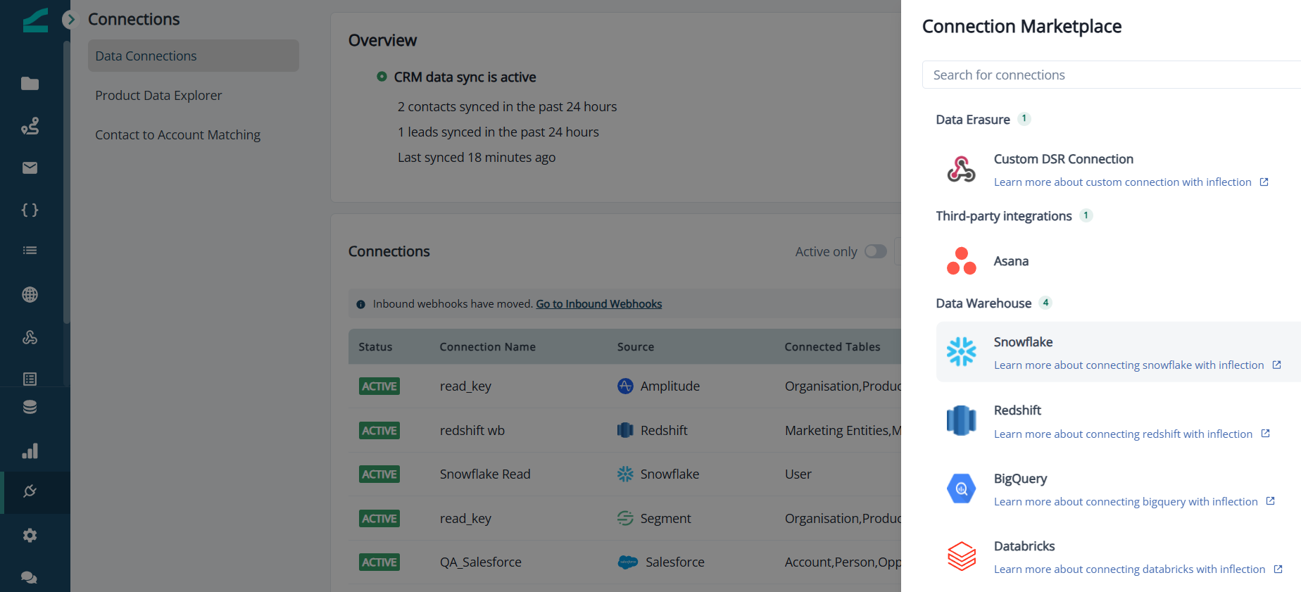 Connection Marketplace with the Data Warehouse tiles: Snowflake, Redshift, BigQuery, and Databricks
