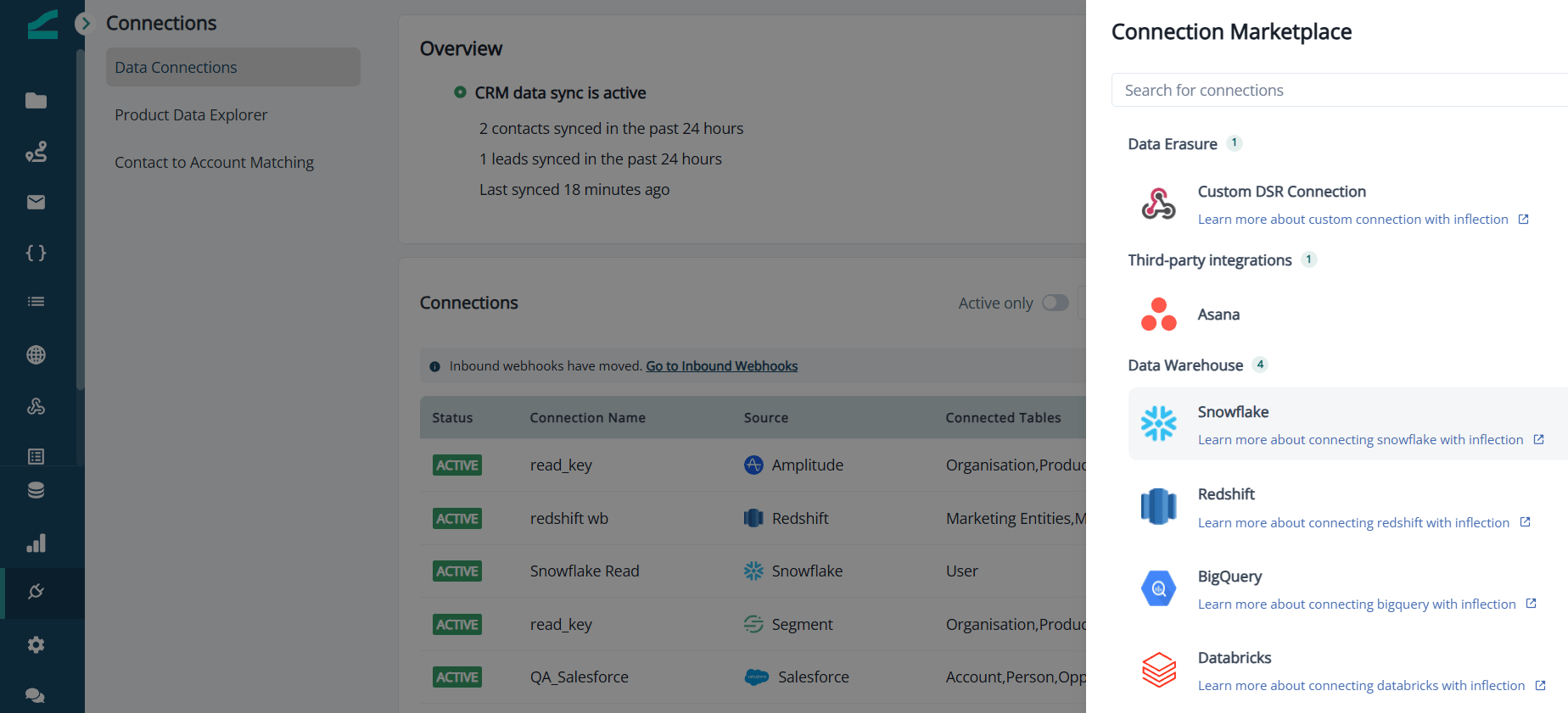 Connection Marketplace with the Data Warehouse tiles: Snowflake, Redshift, BigQuery, and Databricks