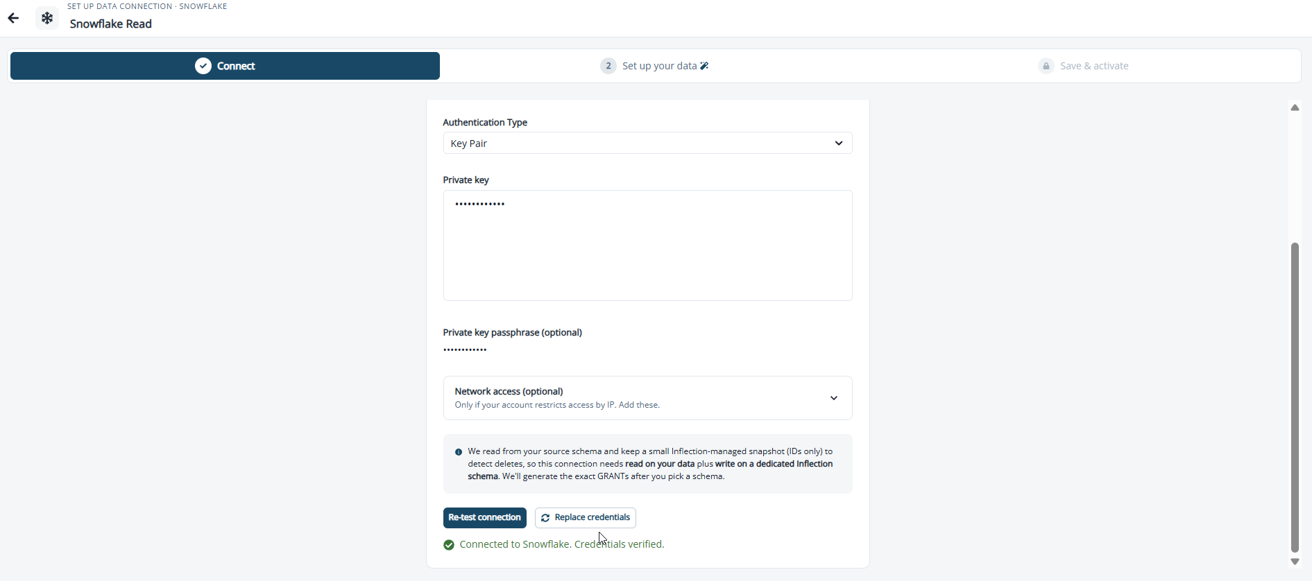 Step 1 Connect for Snowflake with Key Pair authentication and the Connected to Snowflake confirmation