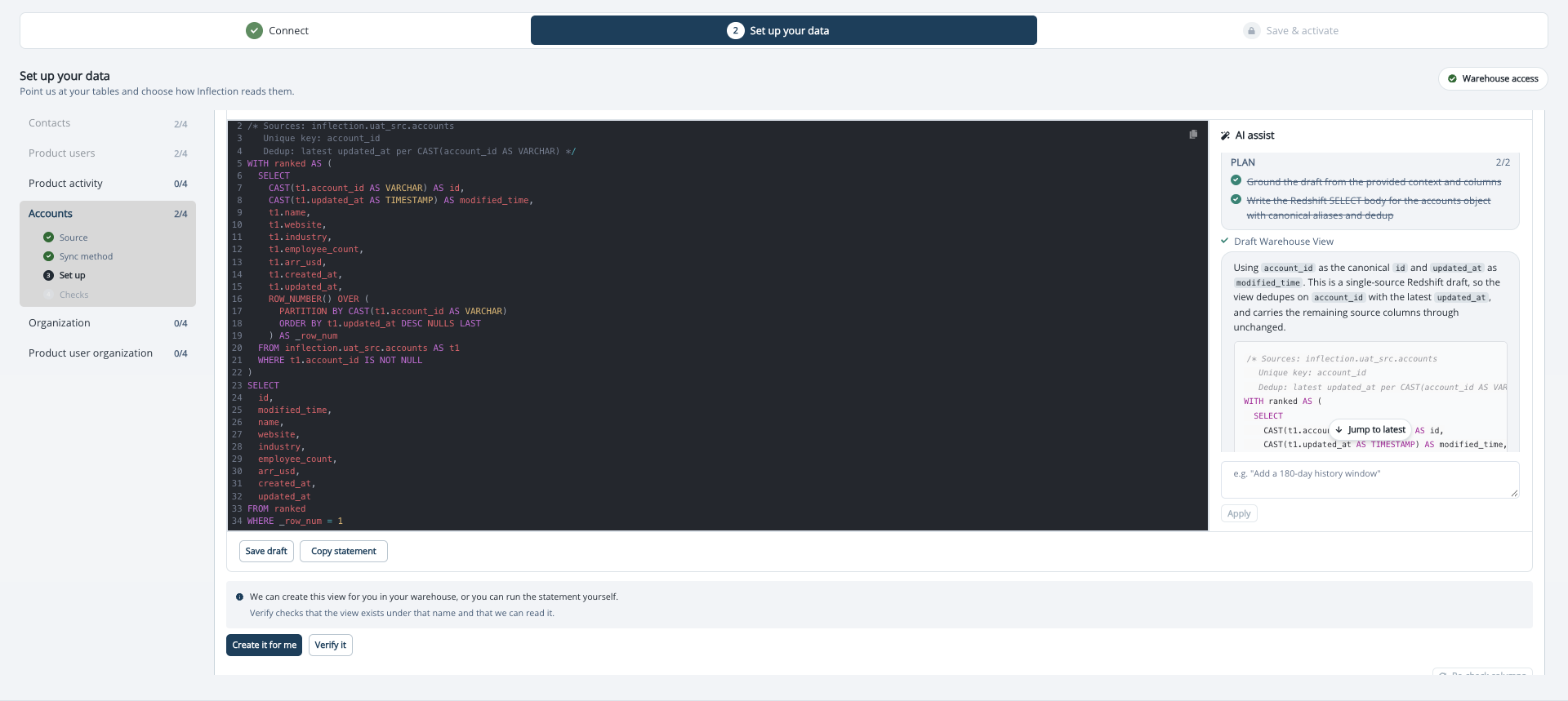 Drafted view in the SQL editor with the AI assist panel and the Create it for me and Verify it buttons