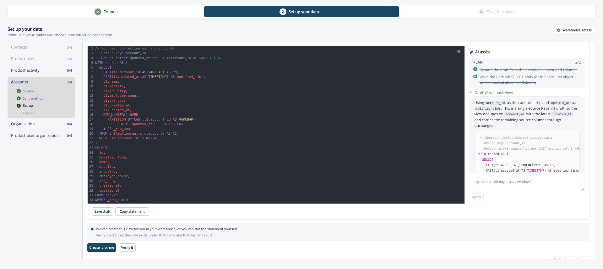 Drafted view in the SQL editor with the AI assist panel and the Create it for me and Verify it buttons